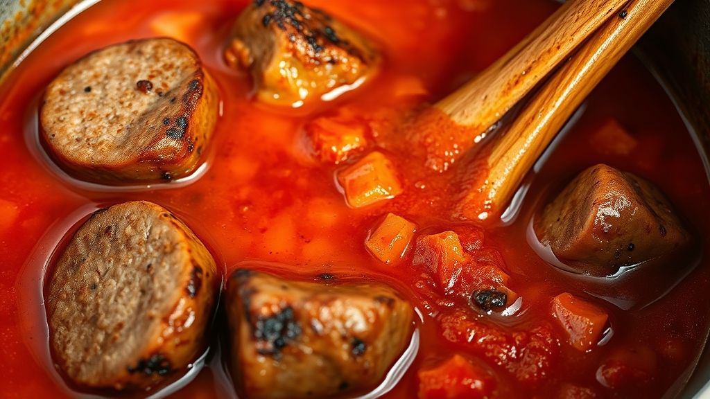 Ultra-Nahaufnahme, fotorealistisches 16:9-Bild, das gebräunte Stücke italienischer Wurst und Schweinenackenknochen zeigt, die in der lebendig roten Tomatensauce in einem Bräter eingebettet sind. Die Sauce beginnt gerade sanft zu köcheln, wobei kleine Blasen die Oberfläche durchbrechen. Die Szene ist reich an Textur mit warmen goldgelben (#fdc754) Tönen.