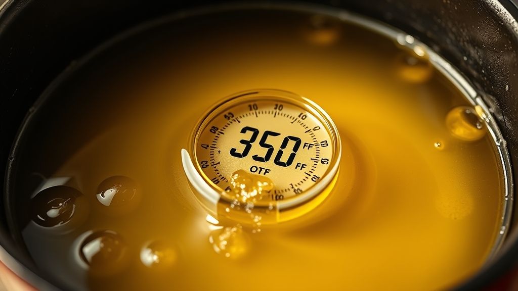 Ultra-close-up, photorealistic, 16:9 shot of neutral cooking oil shimmering in a Lodge 6 Quart Enameled Cast Iron Dutch Oven, with an OXO Good Grips Glass Candy and Deep Fry Thermometer perfectly submerged, displaying a reading of 350°F (175°C). The scene is bathed in warm, golden yellow light, emphasizing the hot oil's surface, no text.