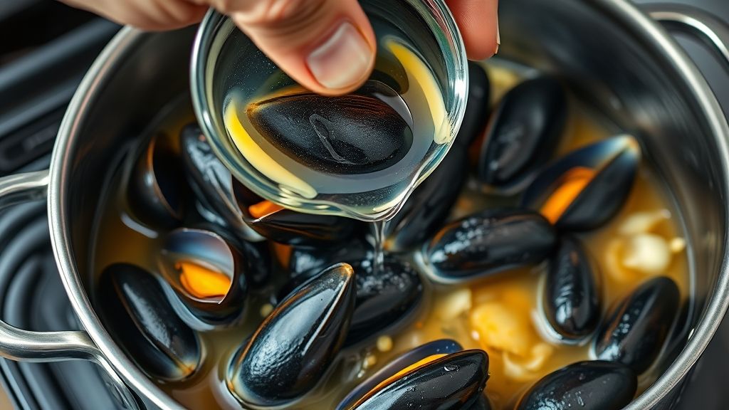 Primerísimo plano de una mano transfiriendo cuidadosamente mejillones y un poco de agua de un cuenco a la olla con el caldo, las cebollas y el ajo. El enfoque está en los mejillones limpios y el líquido, evitando cualquier suciedad visible. Fotorealista, pantalla panorámica 16:9.
