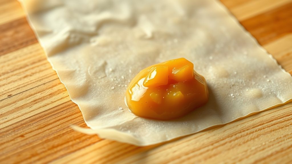Ultra-close-up, photorealistic, 16:9 shot of a single, translucent egg roll wrapper laid out diagonally on a clean wooden surface. A scoop of thick, golden apple pie filling is carefully placed on the lower third of the wrapper. Warm golden yellow light illuminates the textures, no text.