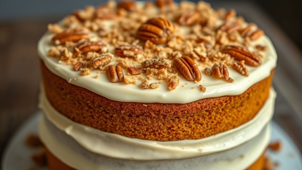 A perfectly frosted pumpkin layer cake with smooth cream cheese frosting covering the top and sides. A generous final sprinkle of golden toffee pecan crumble adorns the entire surface, creating an appealing texture and visual contrast.