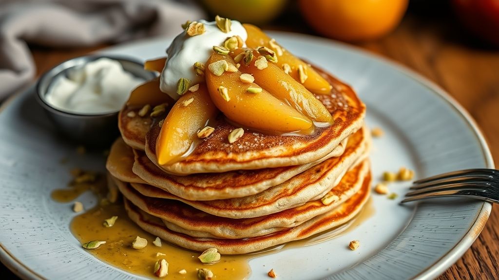 Pancakes Baghrir servidos con manzanas especiadas, pistachos y crema agria