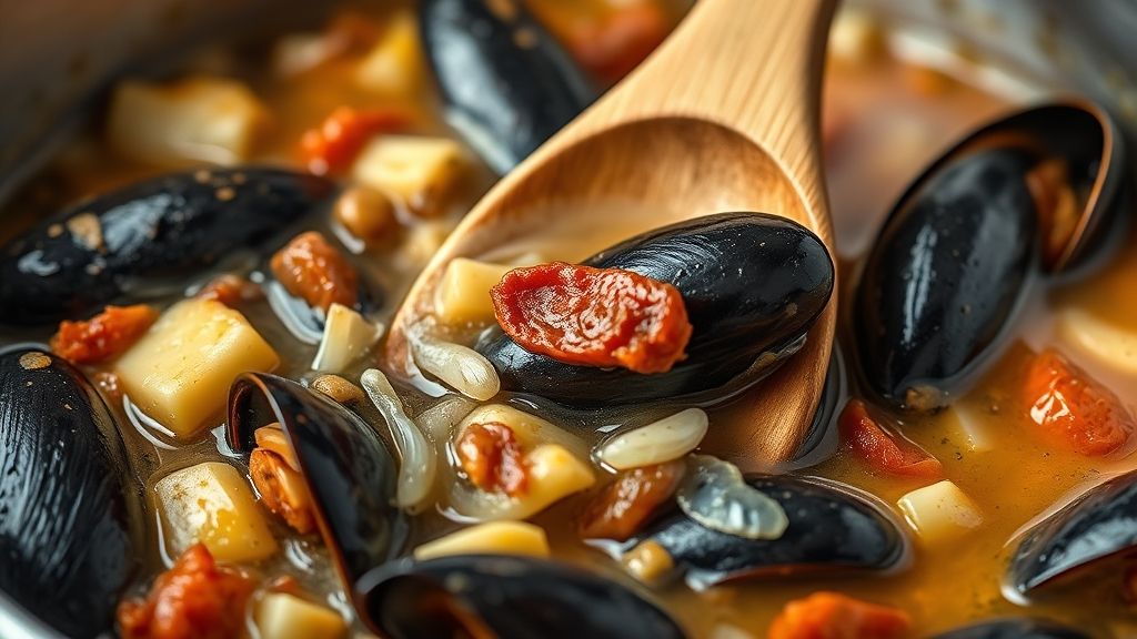 Primerísimo plano de una cuchara de madera removiendo suavemente los mejillones, el caldo, las cebollas, el ajo y el chorizo dorado juntos en la olla, asegurando que todo esté bien cubierto antes de ser tapado. Fotorealista, pantalla panorámica 16:9.