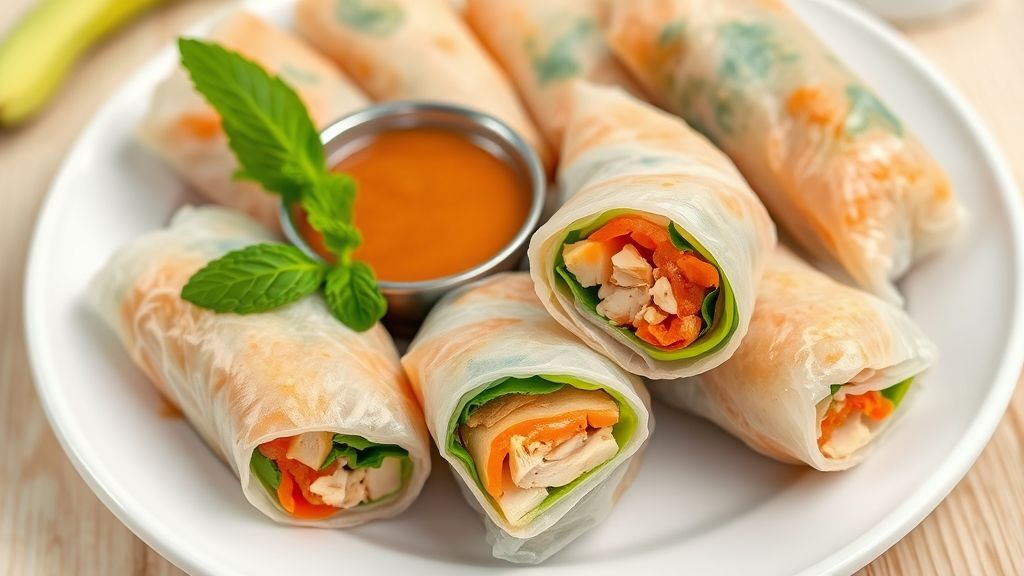 Served lemongrass chicken rice paper rolls