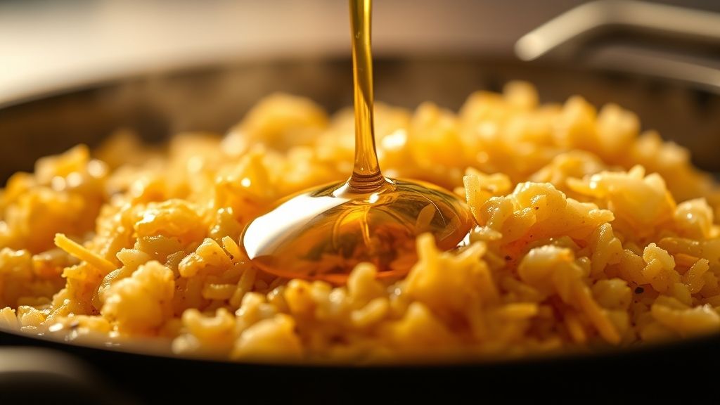 Ultra-close-up, photorealistic 16:9 image of a thin stream of golden sesame oil being drizzled over the simmering fried rice, highlighting its aromatic quality. Warm golden-yellow (#fdc754) tones. No text.