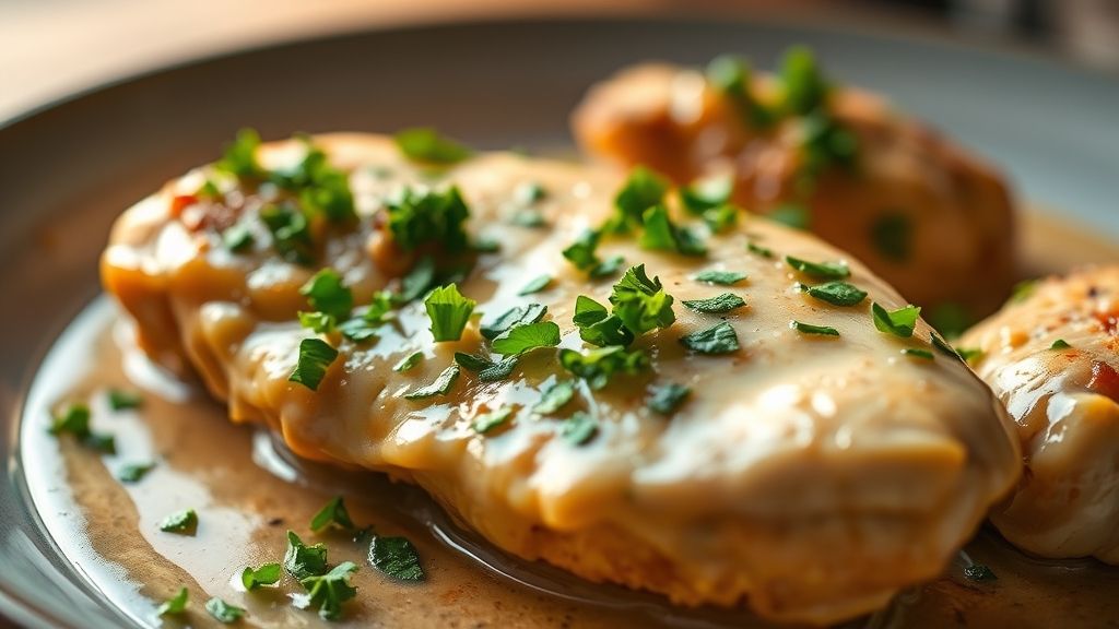 Ultra-close-up, photorealistic shot of the finished Chicken Marsala on a serving plate, generously garnished with finely chopped fresh parsley, highlighting the vibrant green against the creamy sauce and golden chicken. Golden yellow (#fdc754) light. 16:9 widescreen aspect ratio, no text.