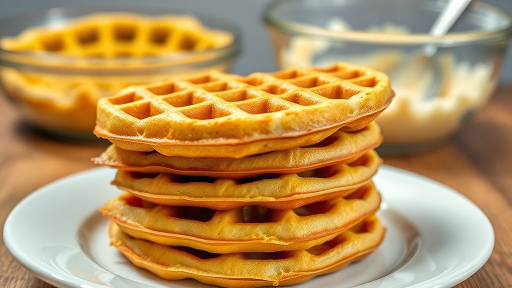 A stack of freshly made, golden-brown waffles on a white plate, ready to be served. A bowl of remaining batter is visible in the background, implying more waffles are to come. The stack is inviting and warm.