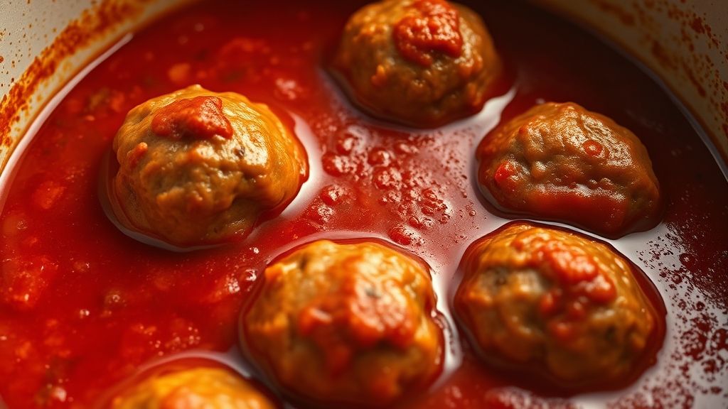 Ultra-Nahaufnahme, fotorealistisches 16:9-Bild von gekochten Fleischbällchen, die vollständig in die tiefrote italienische Sonntagssauce in einem Dutch Oven getaucht sind und sanft köcheln. Die Sauce ist leicht eingedickt und umhüllt die Fleischbällchen. Ein paar kleine Blasen steigen auf. Die Beleuchtung ist weich und warm und verstärkt die goldgelben (#fdc754) und roten Farbtöne.