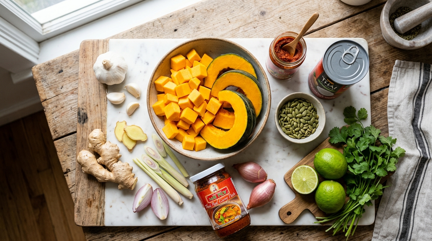 Fresh raw ingredients for Thai Coconut Pumpkin Soup including pumpkin cubes, coconut milk, red curry paste, ginger, garlic, shallots, lemongrass, and limes