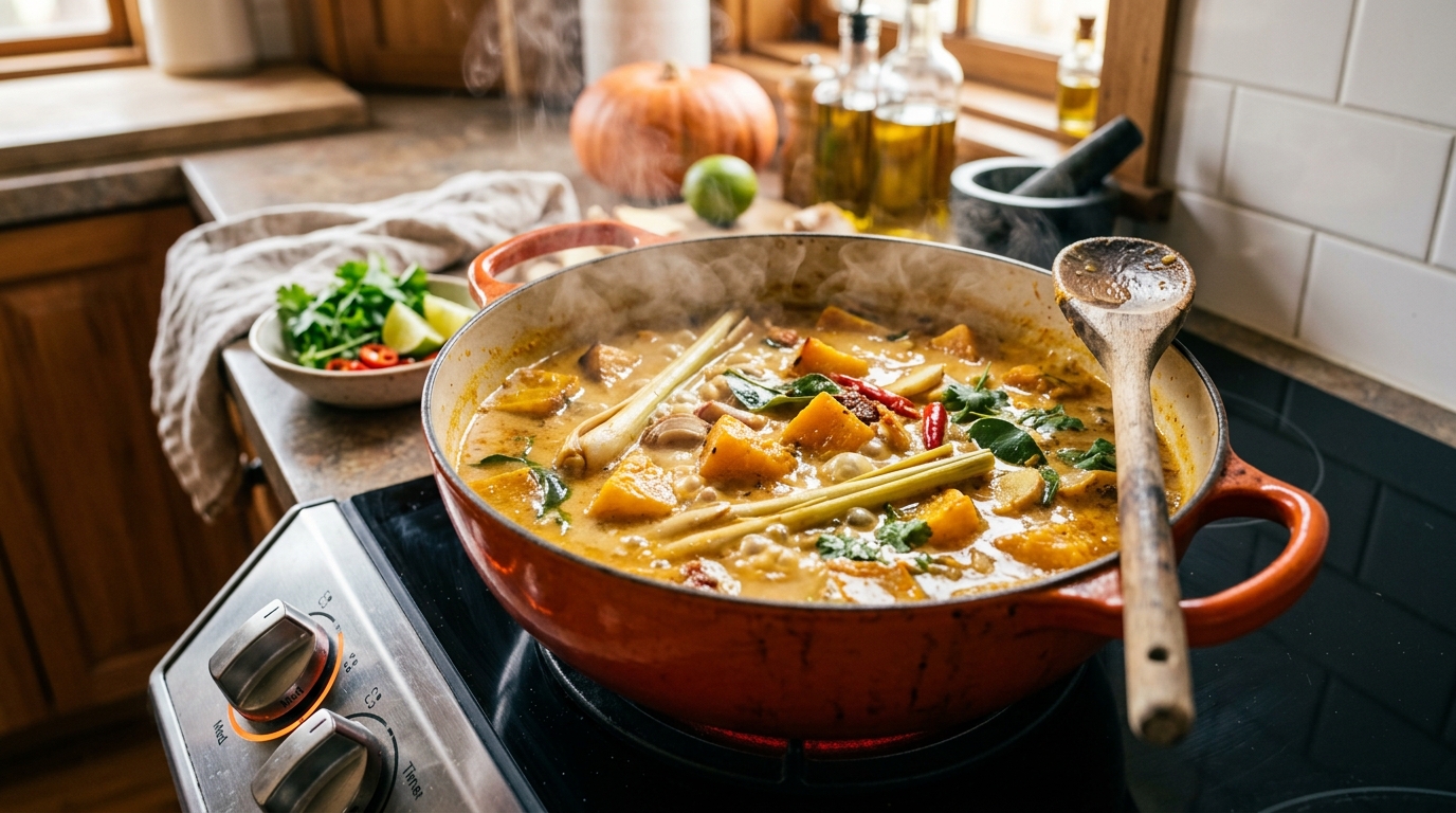 Golden pumpkin cubes and aromatics simmering in coconut red curry broth inside a Dutch oven