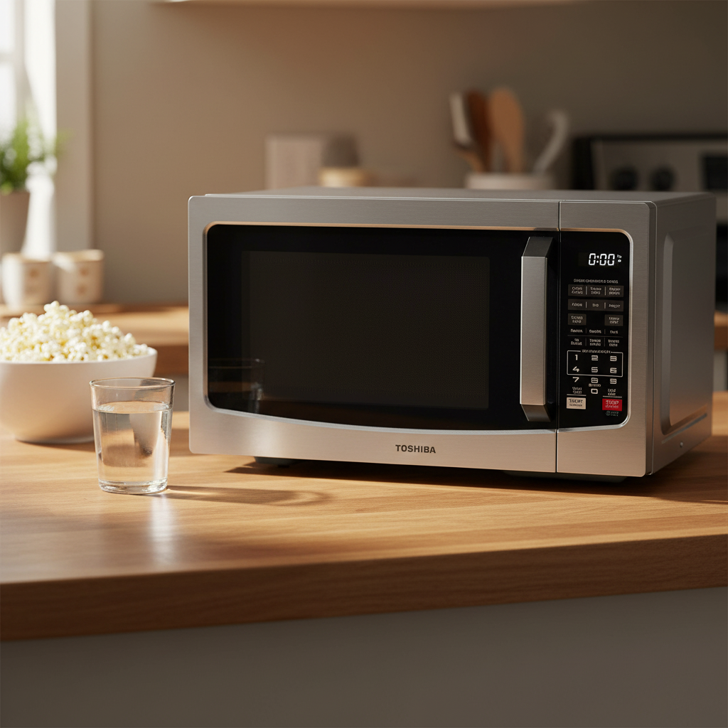 Toshiba EM131A5C-SS 1.2 Cu Ft countertop microwave oven in a modern stainless steel finish.