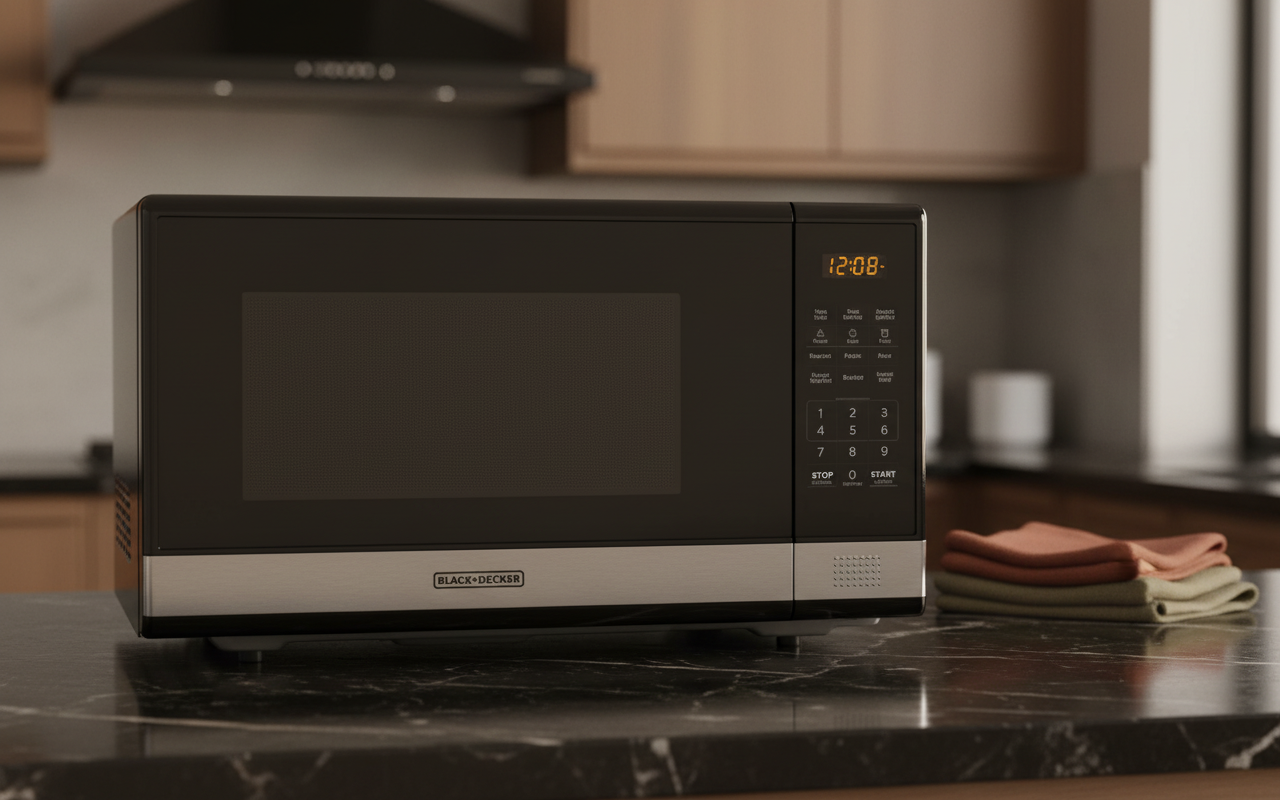 BLACK+DECKER EM031MB11 1.1 Cu Ft digital microwave oven with stainless steel accents.