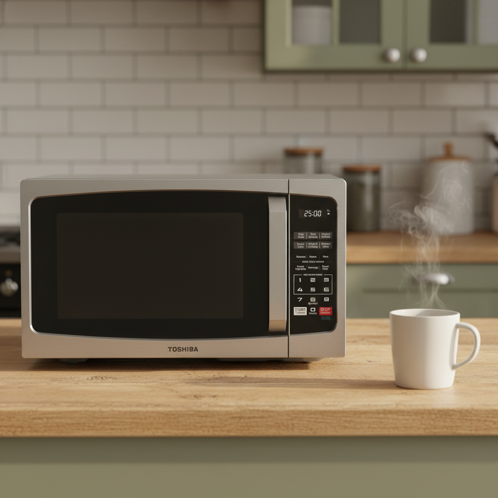 Toshiba ML-EM09PA(SS) 0.9 Cu Ft small microwave oven, perfect for compact spaces.