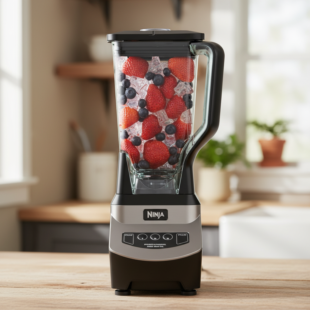 Ninja Blender NJ601AMZ with berries and ice, ready for smoothie making