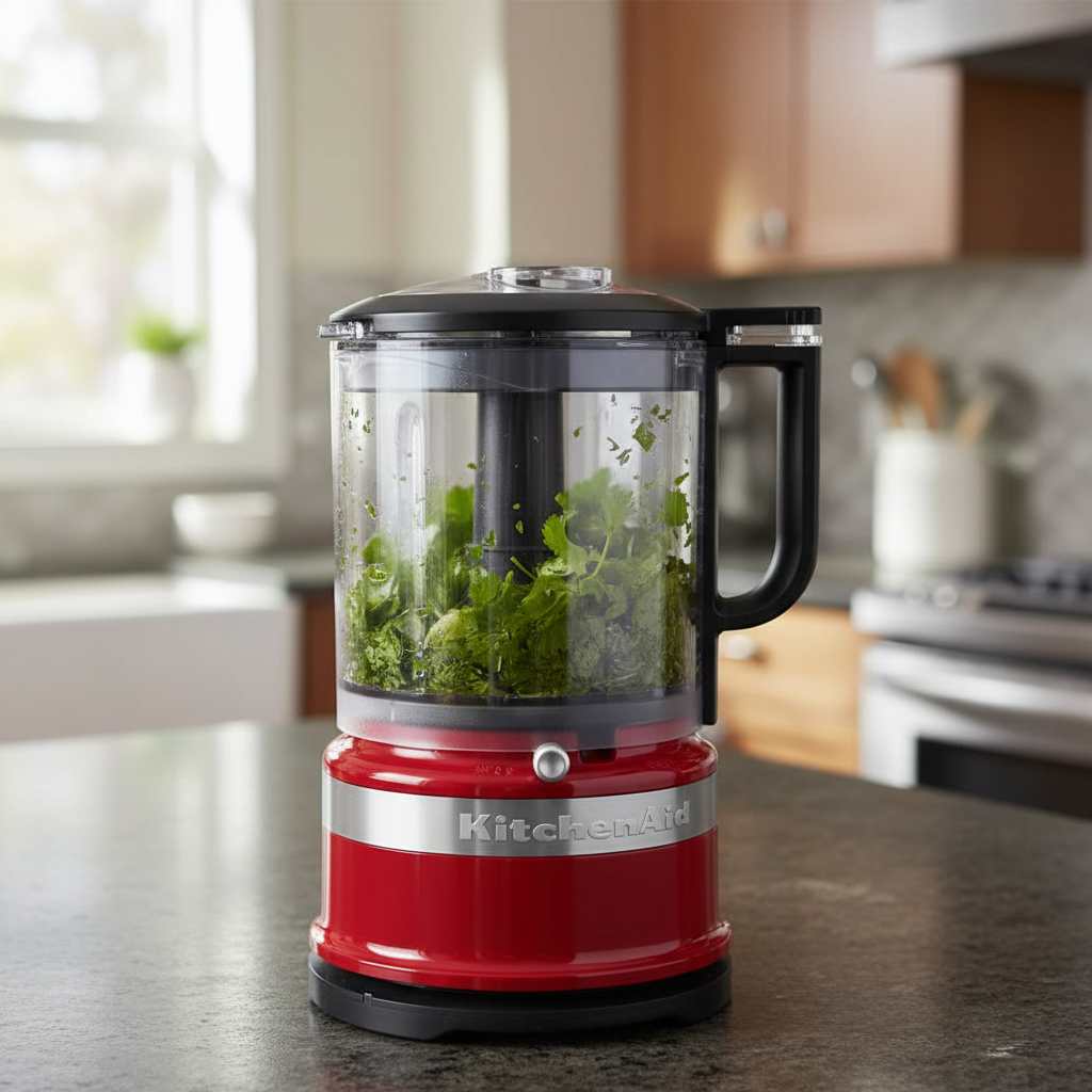 KitchenAid 5 Cup Food Chopper in Empire Red, chopping herbs