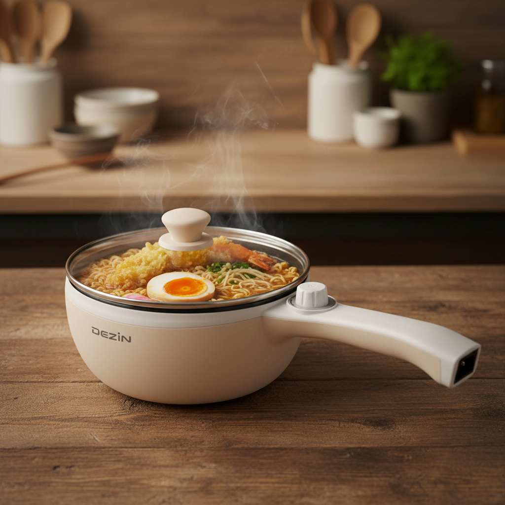 Dezin Hot Pot Electric Upgraded cooking ramen noodles with egg and tempura on a rustic kitchen counter.