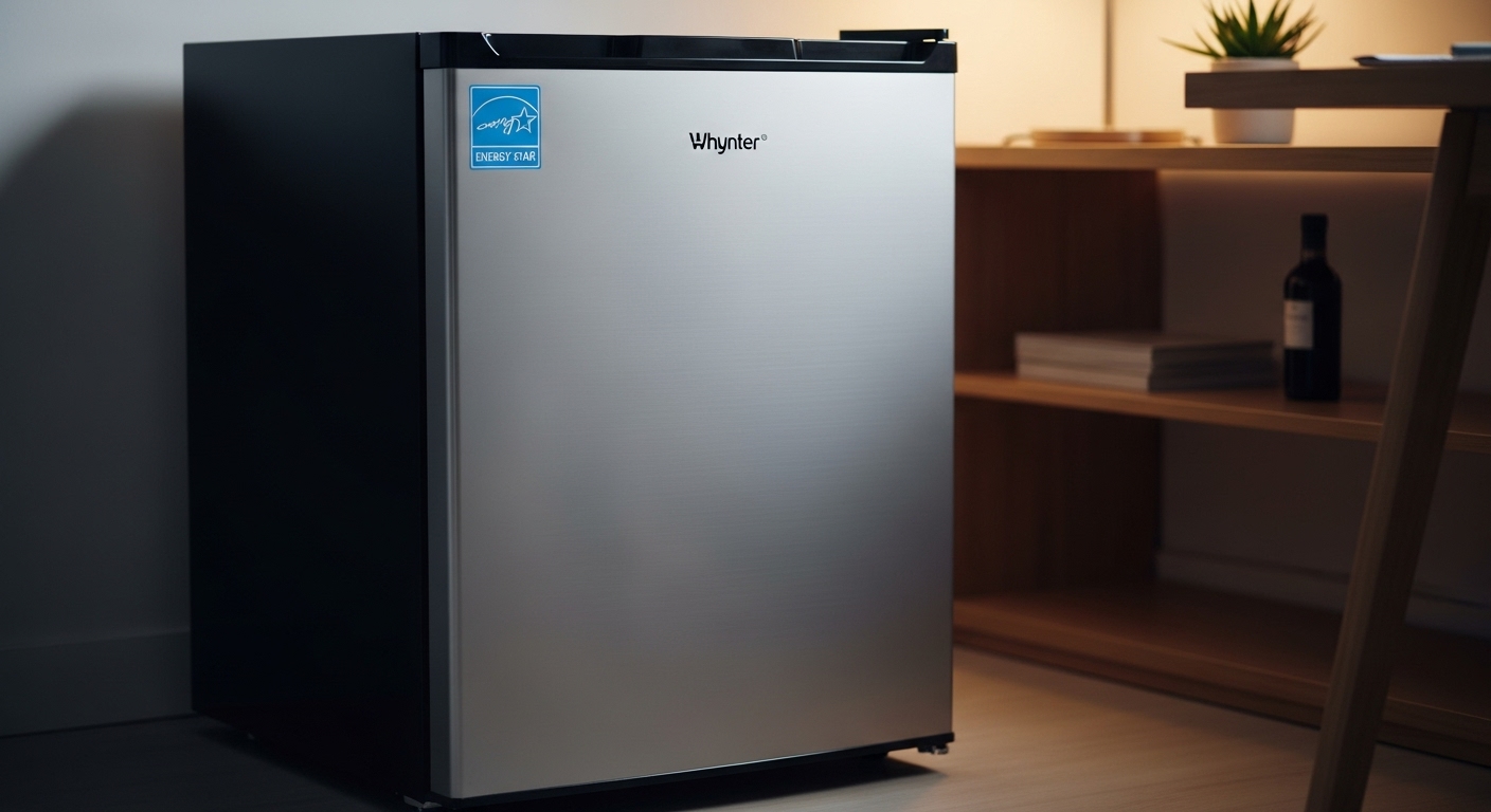 Whynter CUF-112SS stainless steel mini upright freezer, sleek and compact, in a home office setting.