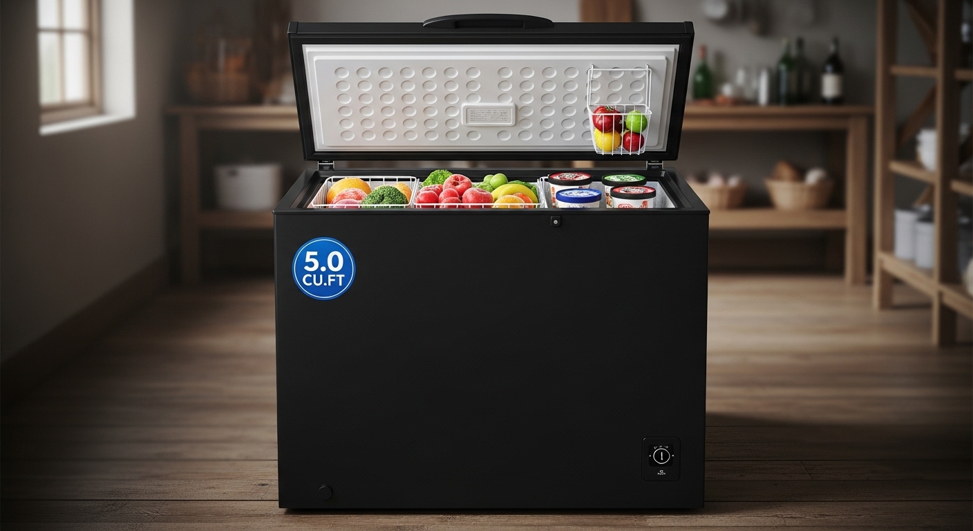 5.0 cubic feet deep chest freezer with its lid slightly open, showcasing various frozen foods inside, on a rustic wooden floor.