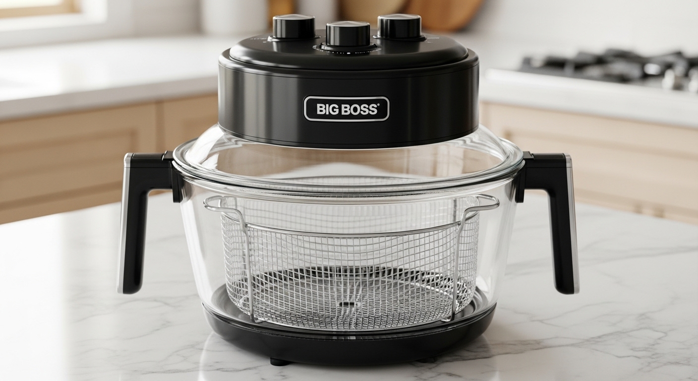 Big Boss 16Qt Extra Large Glas-Heißluftfritteuse mit einer geräumigen Glasschüssel und einem internen Frittierkorb, bereit für familiengroße Mahlzeiten.