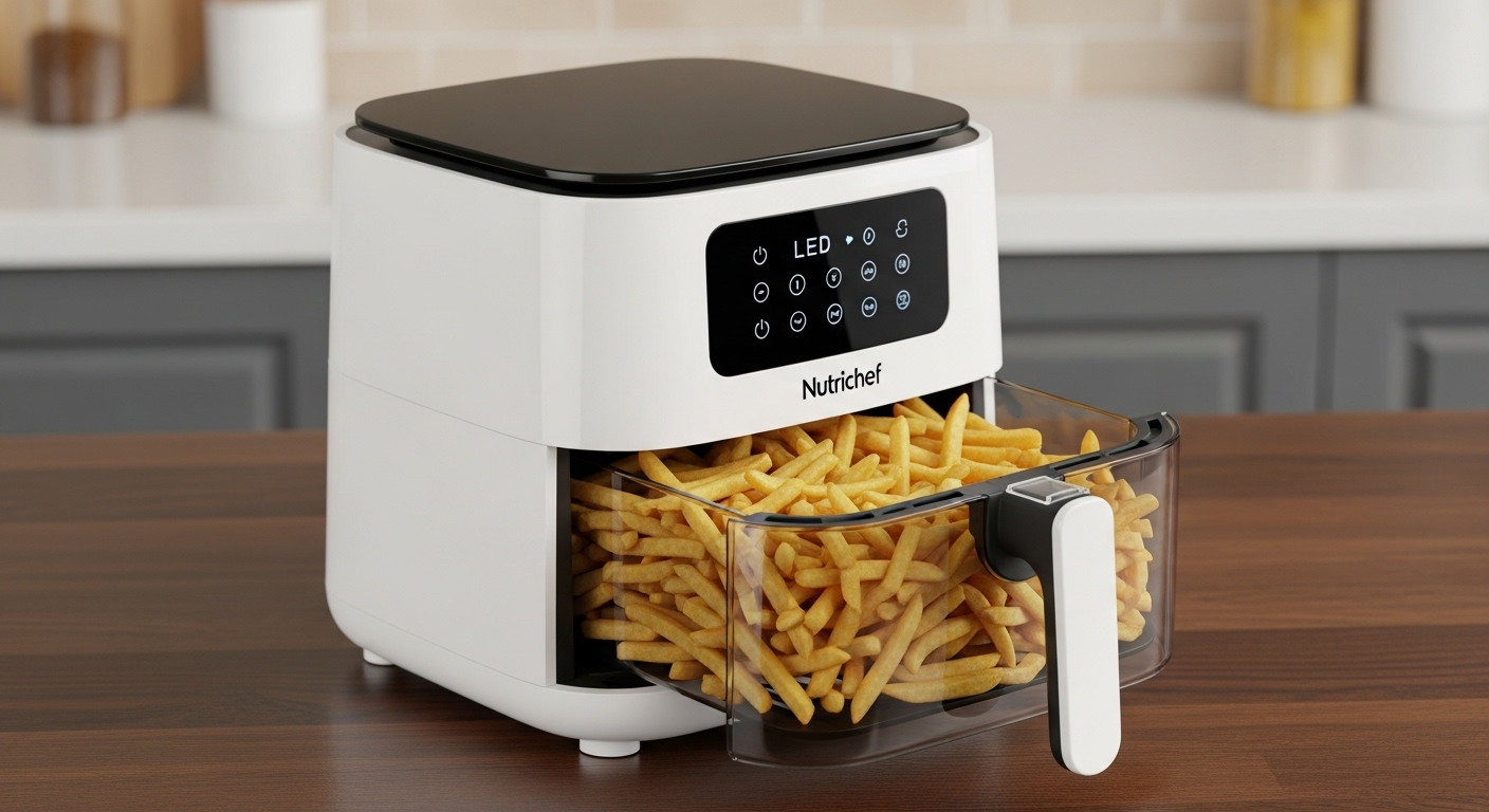 Nutrichef 5.8 Quart Heißluftfritteuse mit einer transparenten Schublade voller goldbrauner Pommes Frites, die das kompakte Design und das einfache Sichtfenster hervorhebt.