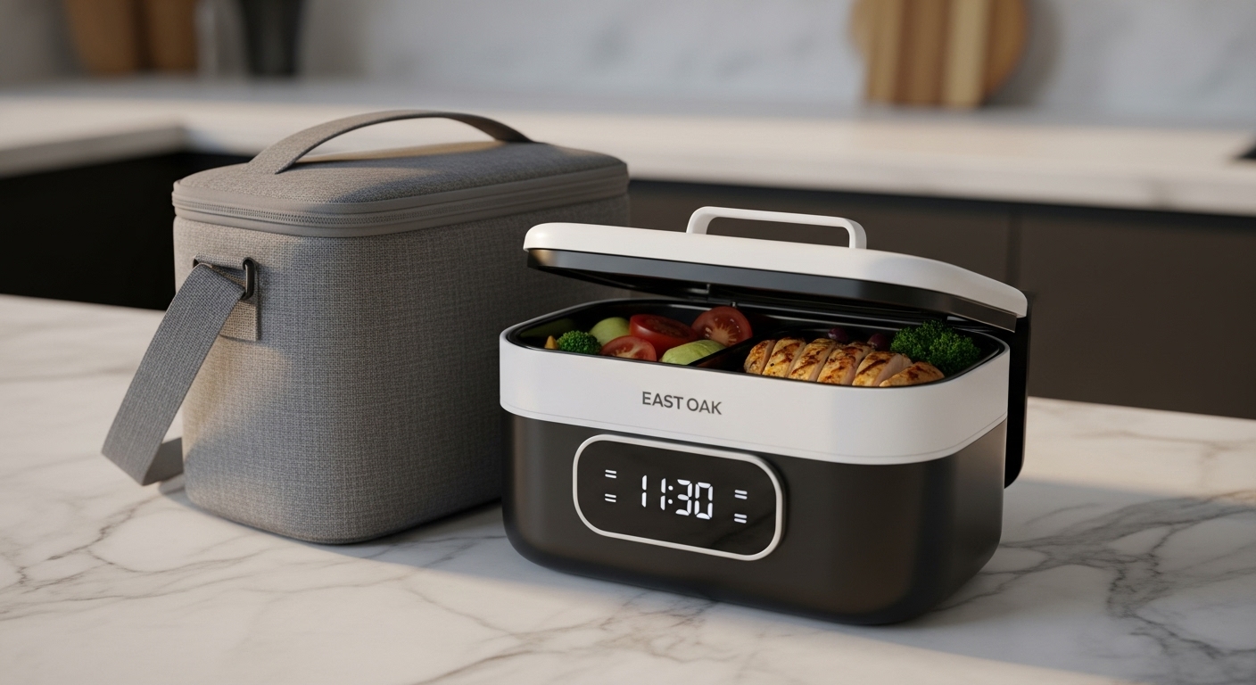 EAST OAK Cordless Electric Lunch Box on a kitchen counter, showing digital display and insulated carry bag.
