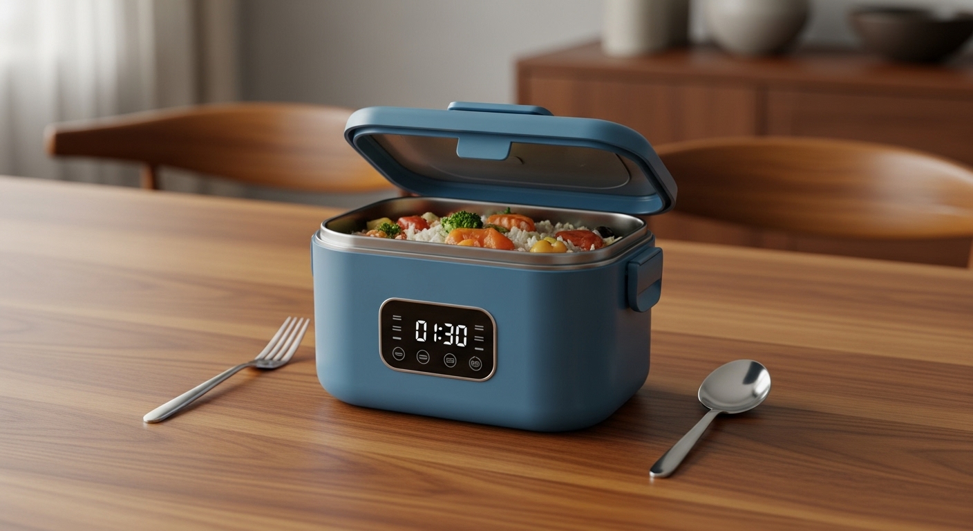 Cordless Electric Lunch Box in blue with digital timer, fork, and spoon, filled with a warm meal.
