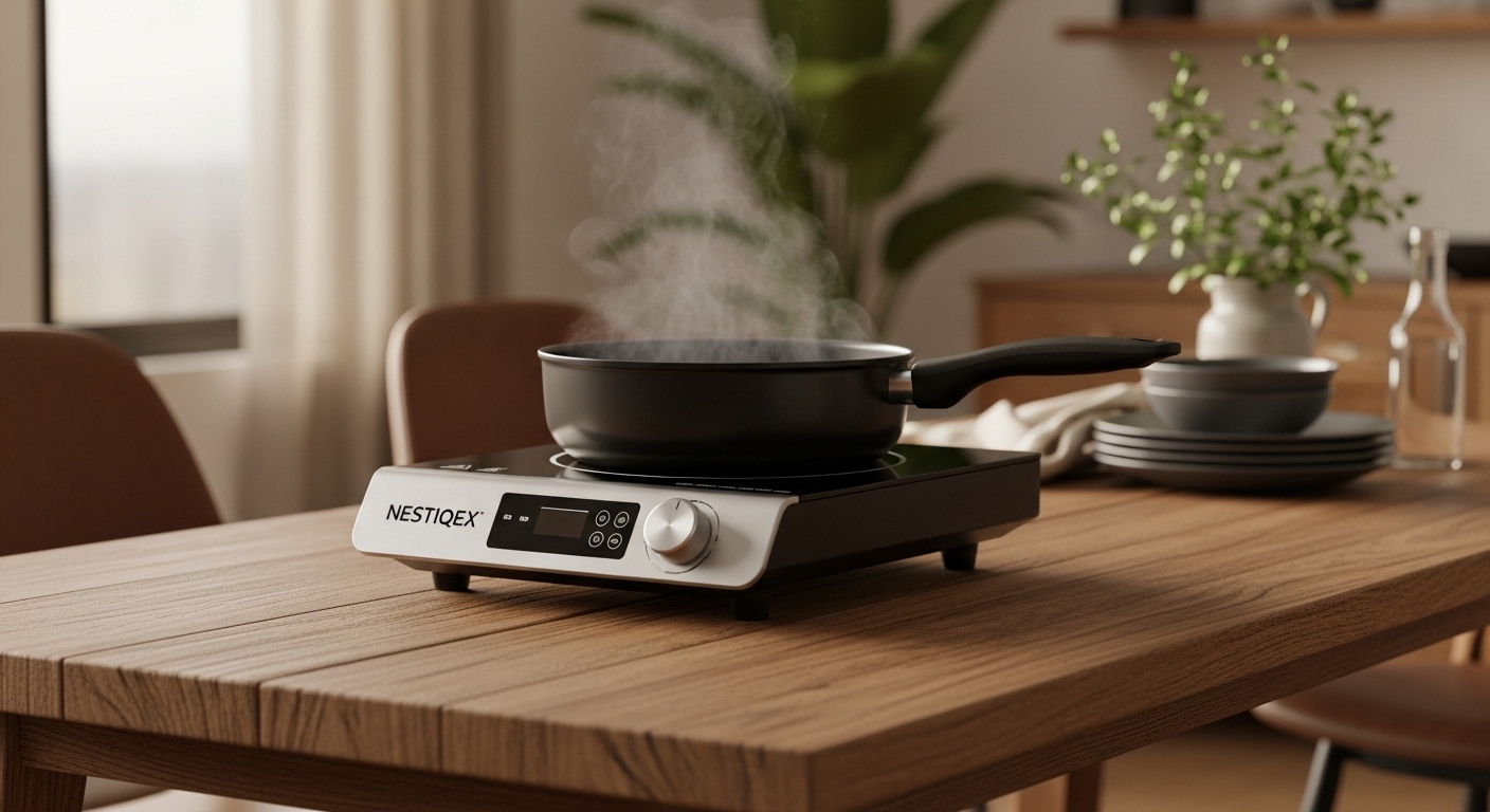 NESTIQEX portable induction cooktop in a compact kitchen setting with a pan