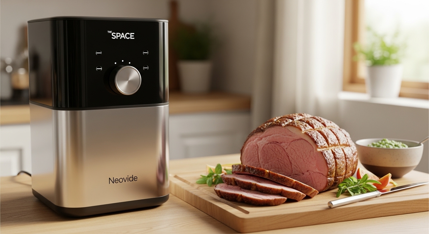 The Space Neovide all-in-one sous vide cooker with perfectly cooked meat on a cutting board