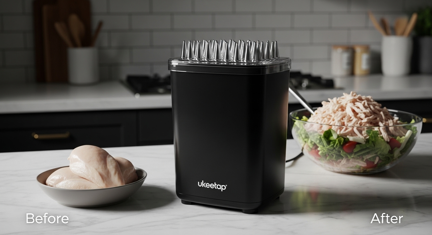 Ukeetap 10-inch Pro Chicken Shredder tool, black base and clear top, ready for use on a kitchen counter with cooked chicken.