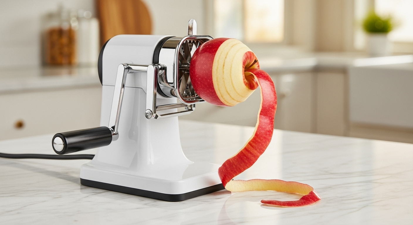 Éplucheur de pommes blanc en action, épluchant une pomme rouge sur un plan de travail en marbre avec des lames supplémentaires
