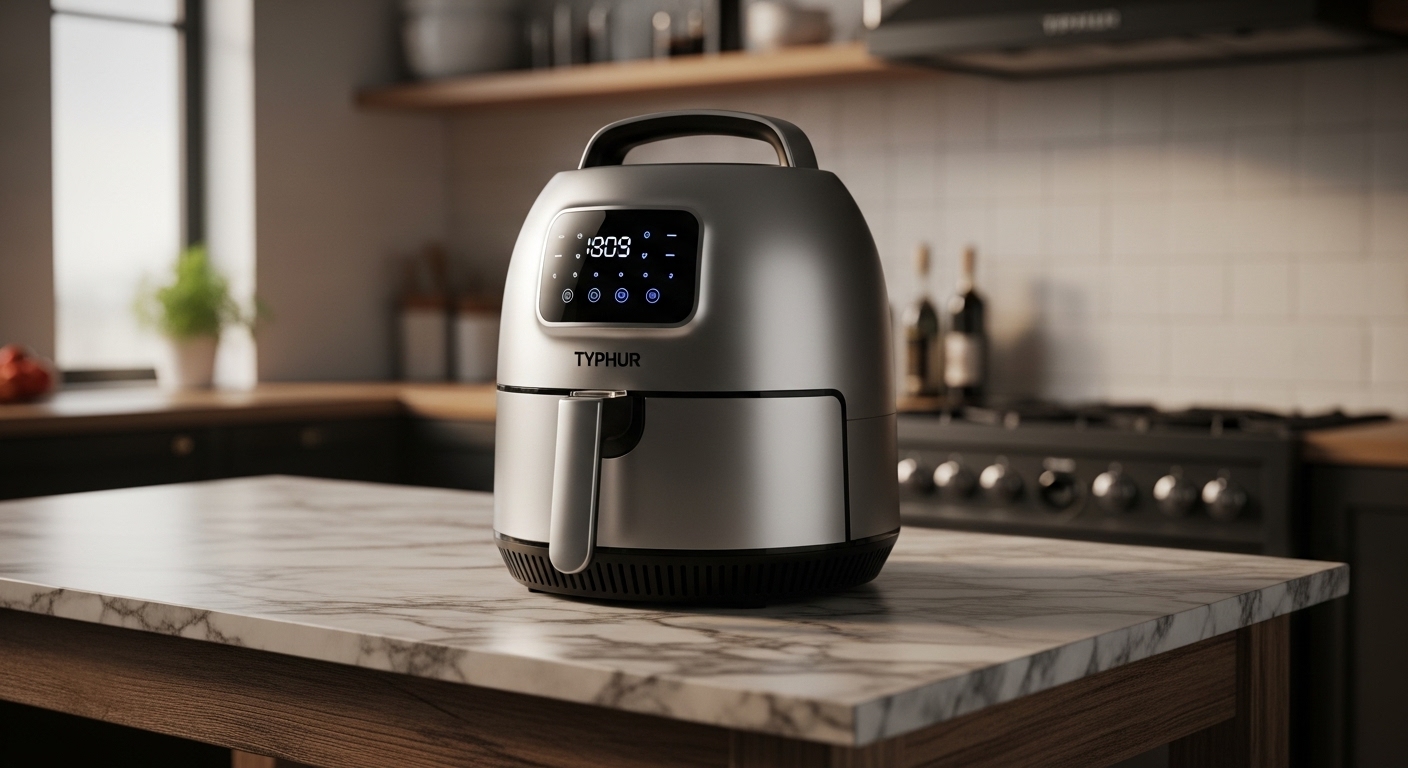 Typhur Dome 2 AI Upgraded Air Fryer, silver and black, on a kitchen island