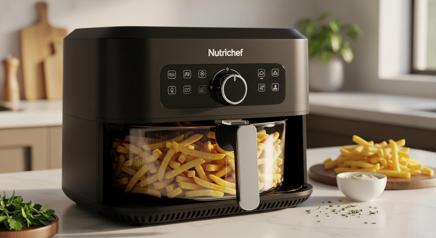 Nutrichef 5.8 Quart Air Fryer with transparent basket of fries