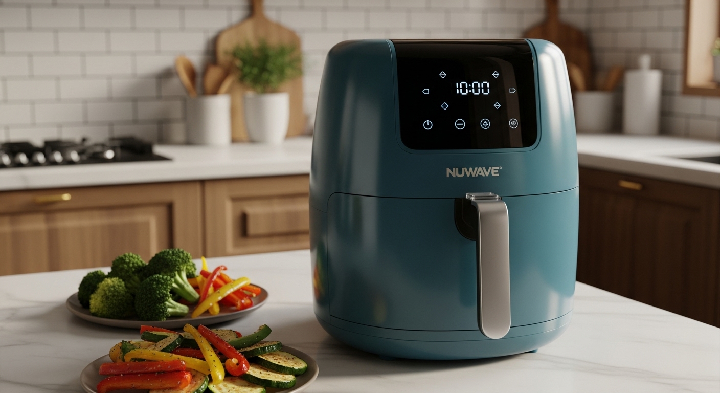 Nuwave Brio Plus 8 Qt Air Fryer in teal with digital controls