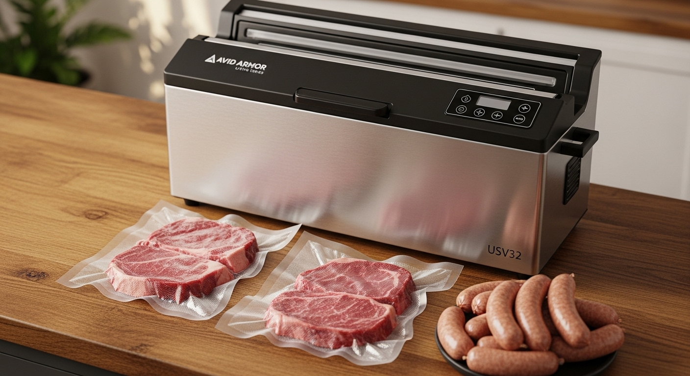 Avid Armor Ultra Series USV32 chamber vacuum sealer with sealed steaks and sausages