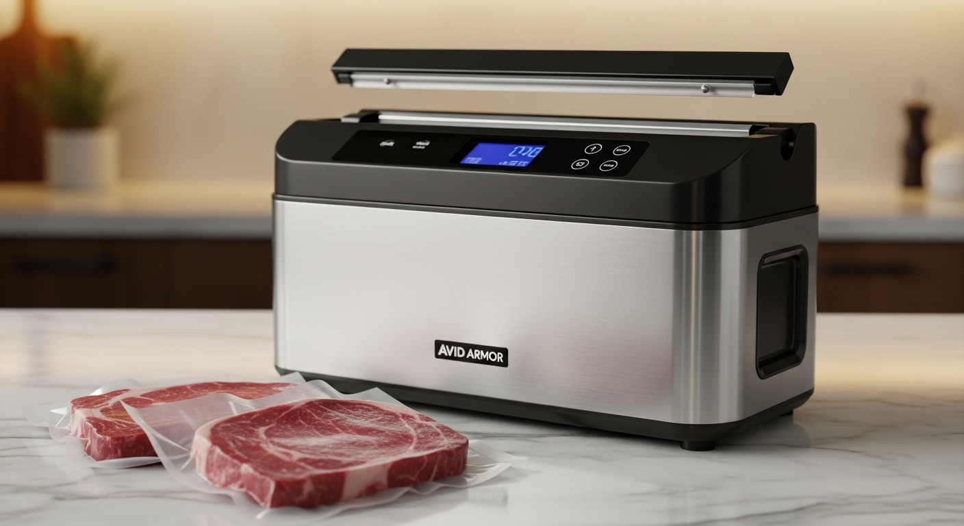 Avid Armor Chamber Vacuum Sealer Machine USV20 with vacuum-sealed red meat