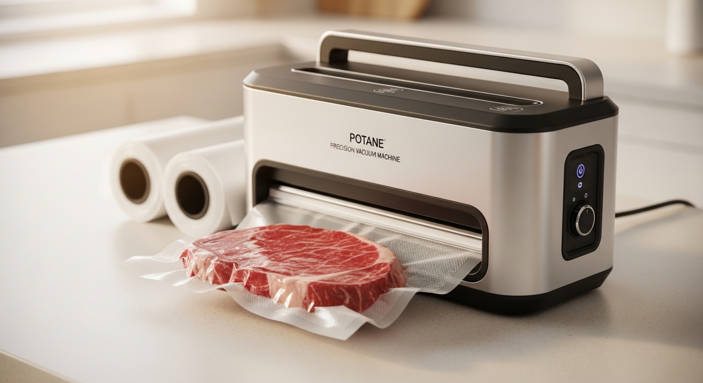Potane Precision Vacuum Machine external food sealer with bag rolls and sealed steak