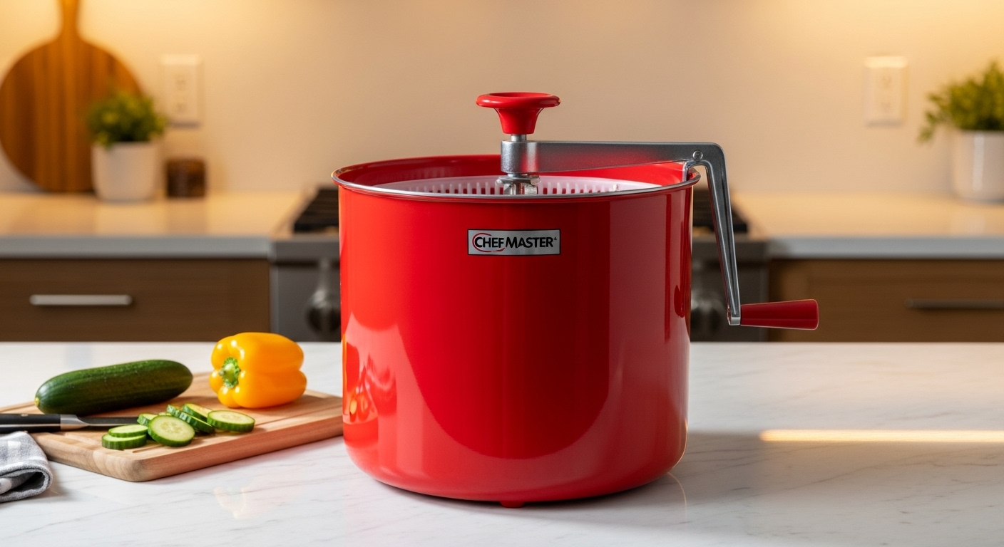 Chef Master 5 Gallon Commercial Salad Spinner on a marble countertop with chopped vegetables