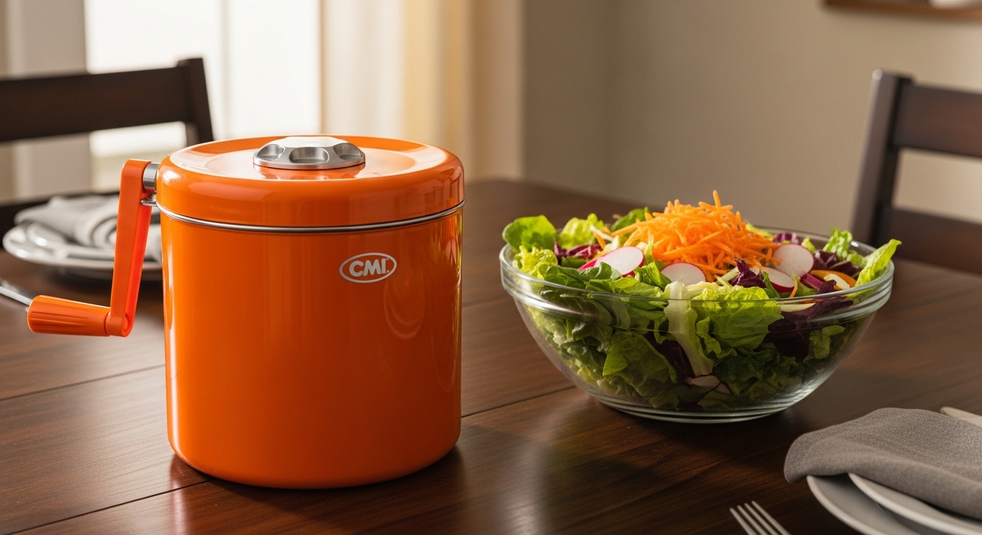 CMI 2.5 Gallon Commercial Salad Spinner on a dark wooden table with a colorful garden salad