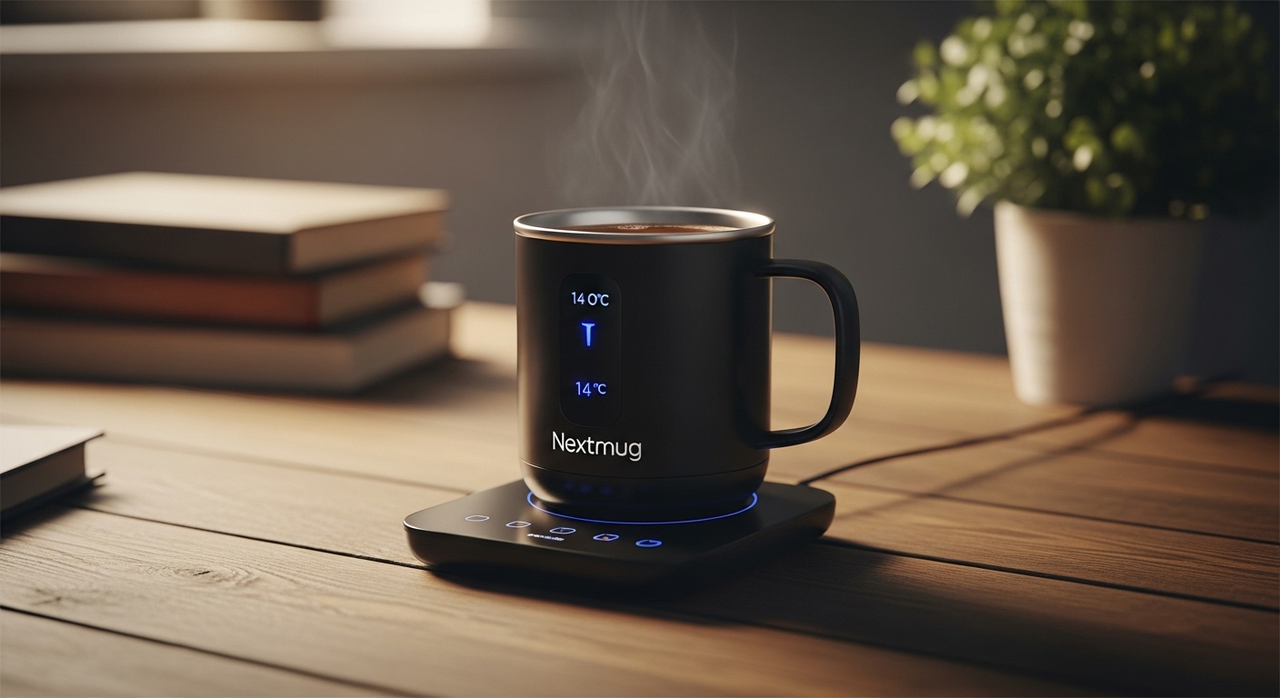 Nextmug - Temperaturkontrollierte, selbstheizende Kaffeetasse, Schwarz, 14 oz, mit LED-Anzeigen, auf einem Holztisch mit einem dampfenden Getränk.