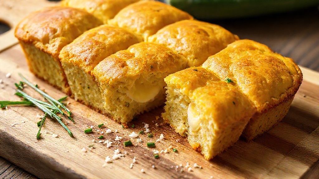 Plaque de muffin aux courgettes et fromage dorée sur un plateau en bois