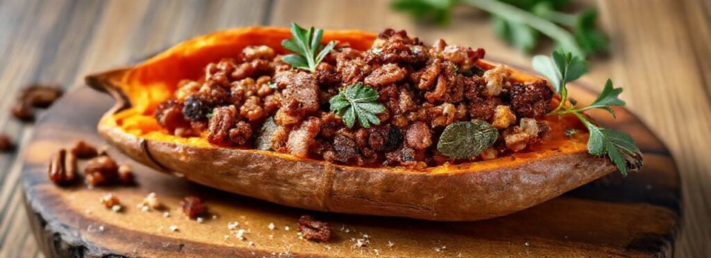 Holiday Stuffed Sweet Potato with Bacon, Pecans, and Sage Recipe: Crispy…