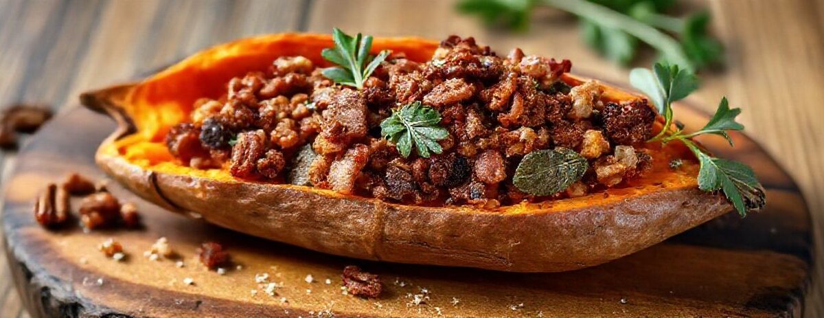 Holiday Stuffed Sweet Potato with Bacon, Pecans, and Sage Recipe: Crispy…