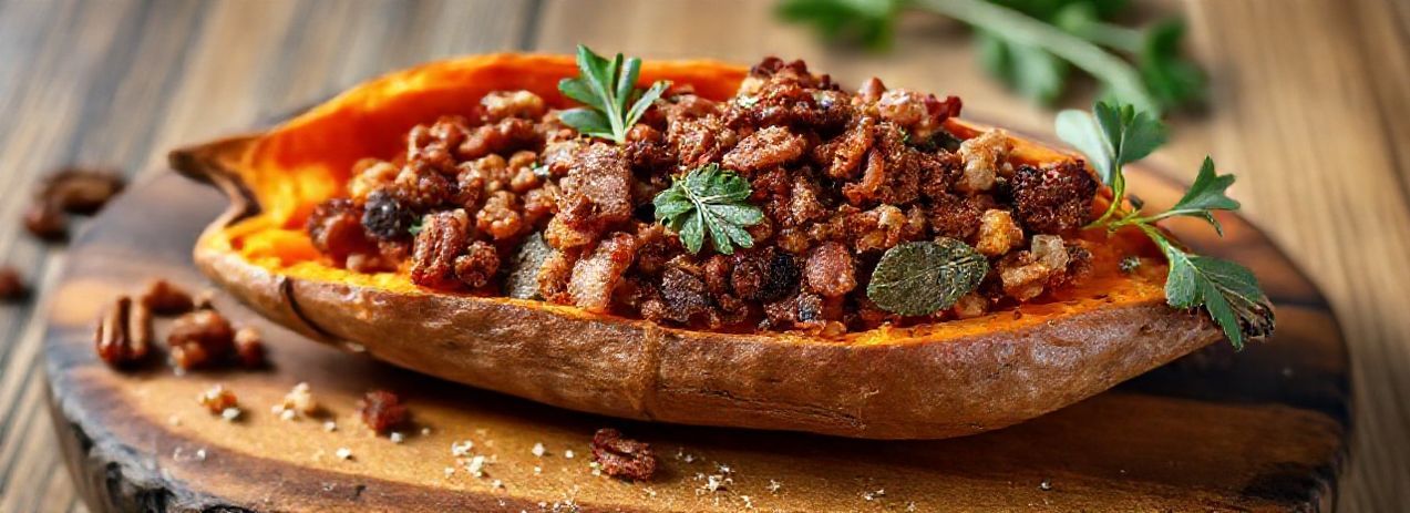 Holiday Stuffed Sweet Potato with Bacon, Pecans, and Sage Recipe: Crispy…