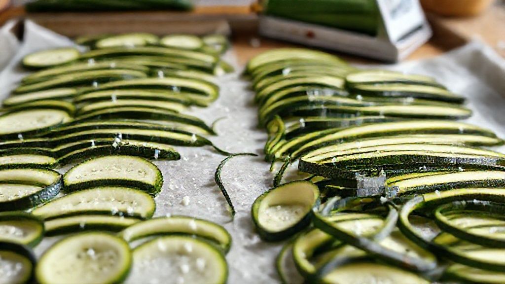 Zucchini strips on baking sheet