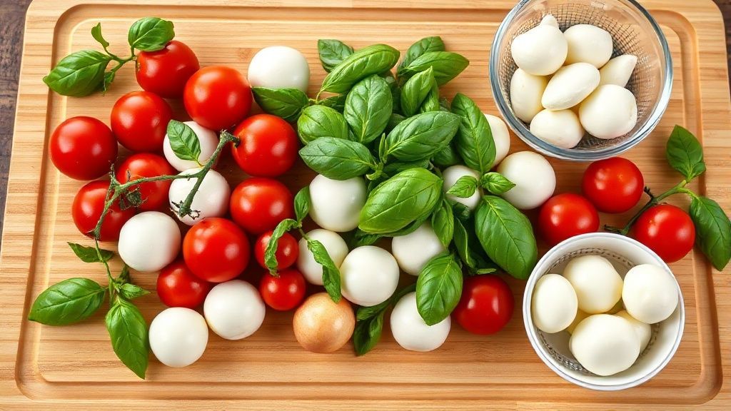 Prepared ingredients for Caprese skewers: tomatoes, mozzarella, basil