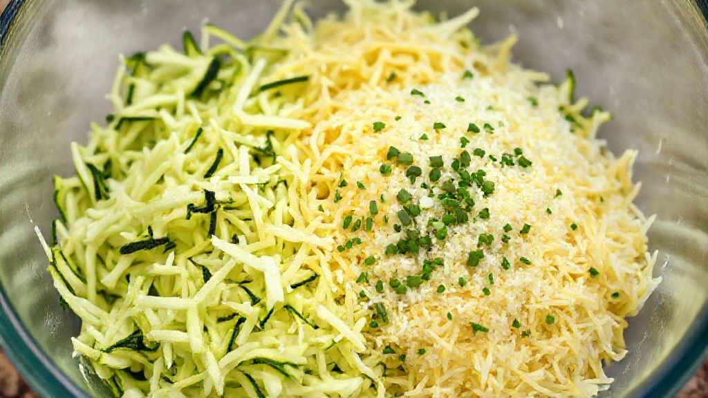 Courgettes râpées et fromages dans un bol de mélange