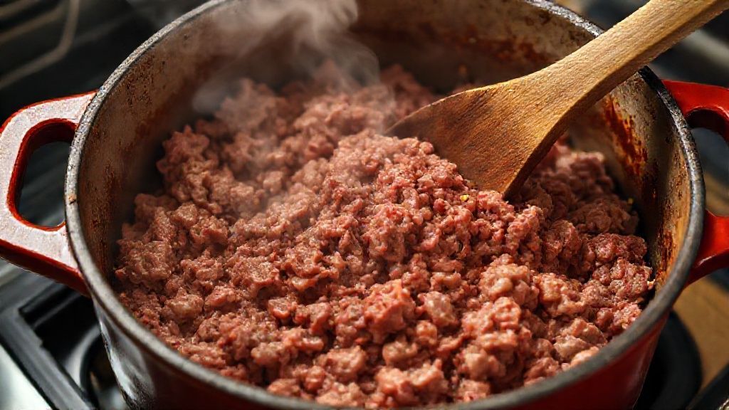 Dorando carne molida en una olla