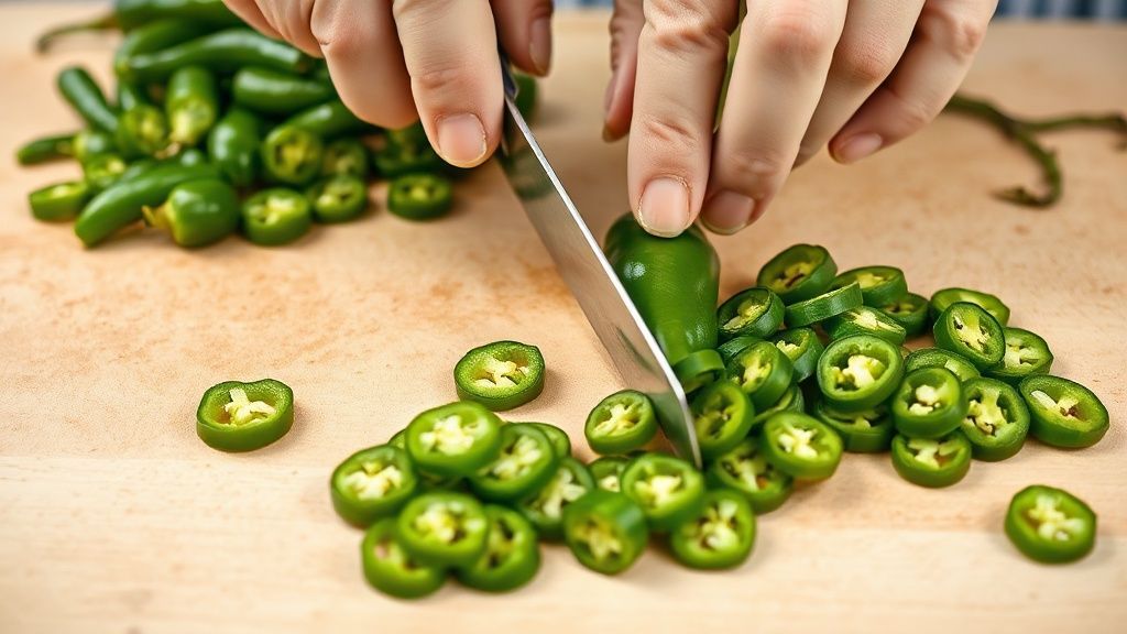 Gloved hands slicing fresh jalapeño peppers on a cutting board