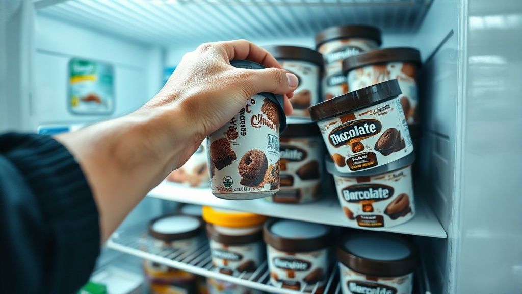 Hand pulling chocolate ice cream tubs from a freezer