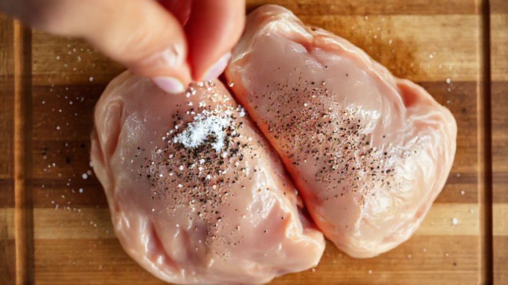 Raw chicken thighs being seasoned with salt and pepper